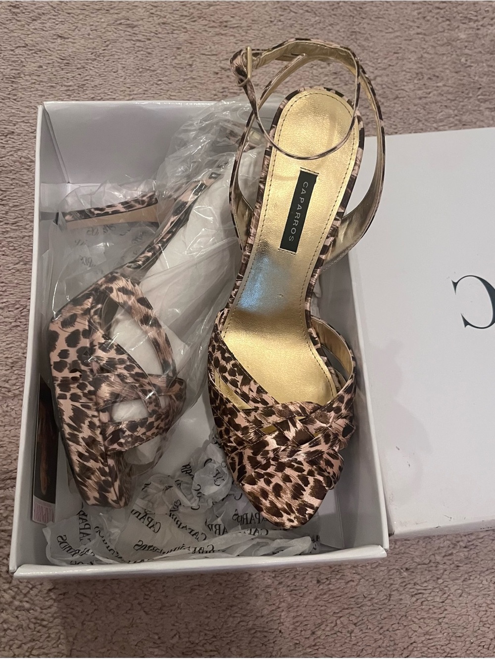 Caparros Leopard Print Ankle-Strap Open-Toe Heels with Gold Insole